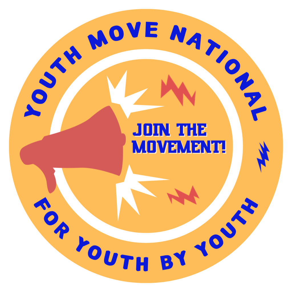 A sticker design for Youth MOVE National. Yellow Circle with Join the movement in the center with a megaphone on the left. For youth, by youth in written on the bottom.