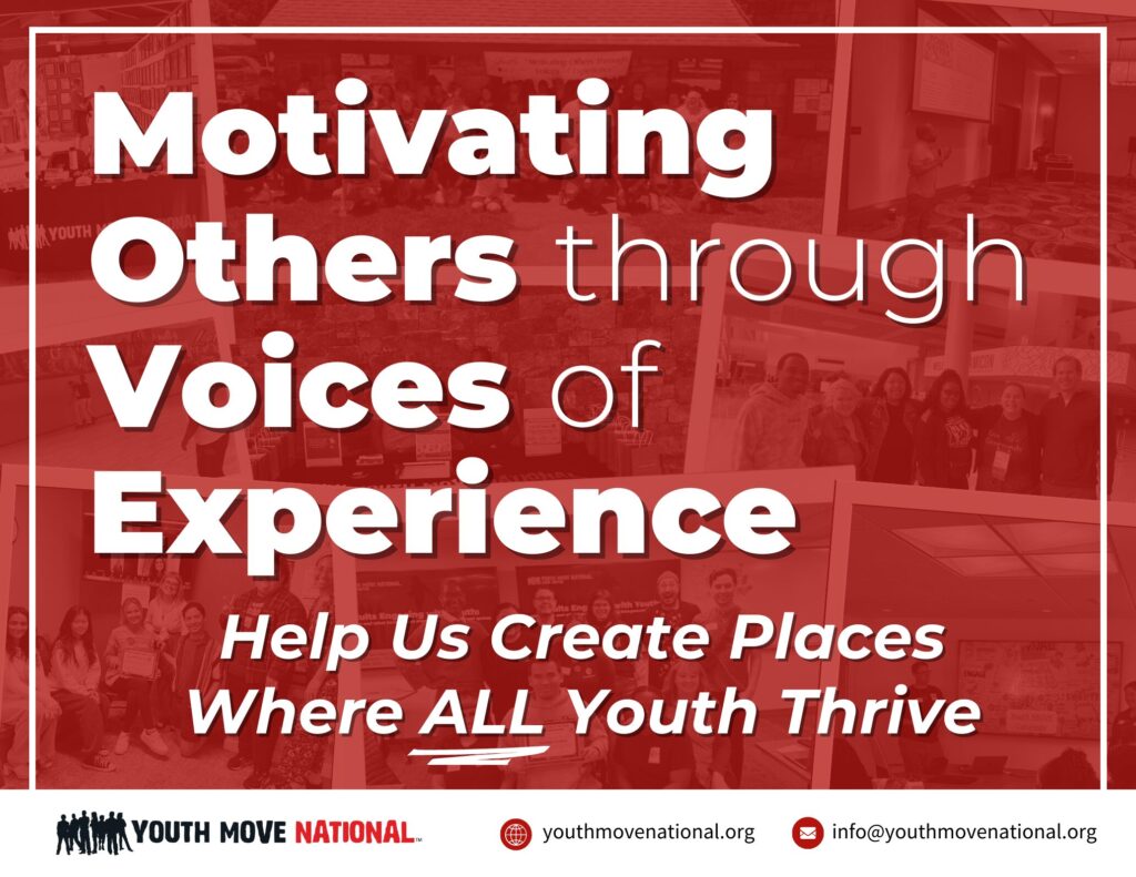A red rectangle post card with Motivating Others through Voices of Experience written. After that, in a smaller font is, Help us create places where all youth thrive.